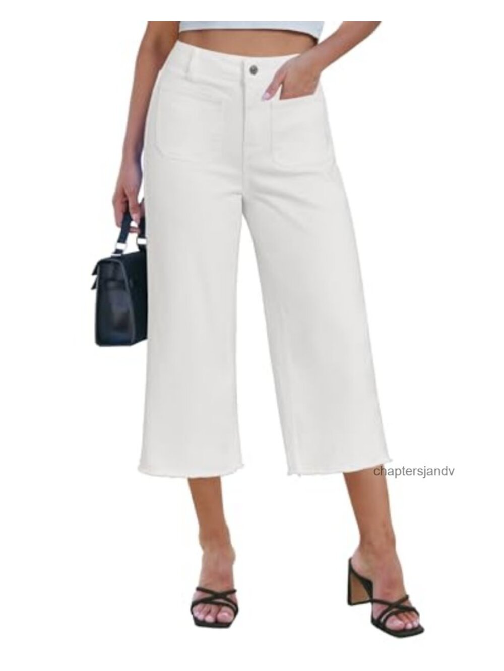 High Waisted Wide Leg Cropped Capri Jeans Stretch Frayed Hem